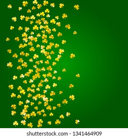 Shamrock background for Saint Patricks Day. Lucky trefoil confetti. Glitter frame of clover leaves. Template for gift coupons, vouchers, ads, events. Decorative shamrock background.