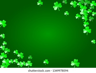 Shamrock background for Saint Patricks Day.  Lucky trefoil confetti. Glitter frame of clover leaves. Template for flyer, special business offer, promo. Festive shamrock background.