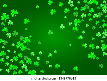 Shamrock background for Saint Patricks Day.  Lucky trefoil confetti. Glitter frame of clover leaves. Template for gift coupons, vouchers, ads, events. Merry shamrock background.