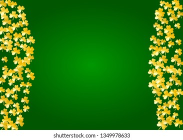 Shamrock background for Saint Patricks Day.  Lucky trefoil confetti. Glitter frame of clover leaves. Template for poster, gift certificate, banner. Decorative shamrock background.