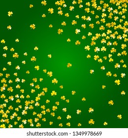 Shamrock background for Saint Patricks Day. Lucky trefoil confetti. Glitter frame of clover leaves. Template for special business offer, banner, flyer. Festive shamrock background.