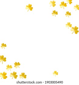 Fondo de Shamrock para el Día de Saint Patricks. Confeti de trébol de suerte. Marco brillante de hojas de trébol.	 Plantilla para oferta especial de negocios, banner, volante. Fondo de champagne festivo.