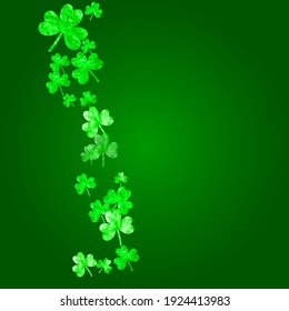 Shamrock background for Saint Patricks Day. Lucky trefoil confetti. Glitter frame of clover leaves.	 Template for gift coupons, vouchers, ads, events. Merry shamrock background.