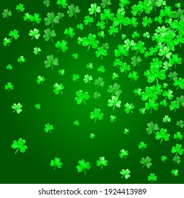 Shamrock background for Saint Patricks Day. Lucky trefoil confetti. Glitter frame of clover leaves.	 Template for party invite, retail offer and ad. Merry shamrock background.