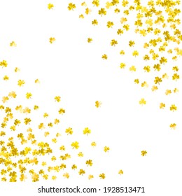 Shamrock background for Saint Patricks Day. Lucky trefoil confetti. Glitter frame of clover leaves.	 Template for gift coupons, vouchers, ads, events. Holiday shamrock background.