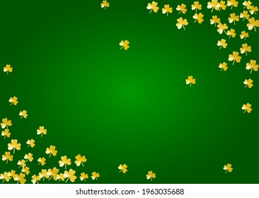 Shamrock background for Saint Patricks Day.  Lucky trefoil confetti. Glitter frame of clover leaves. Template for voucher, special business ad, banner. Merry shamrock background.