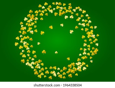 Shamrock background for Saint Patricks Day.  Lucky trefoil confetti. Glitter frame of clover leaves. Template for poster, gift certificate, banner. Holiday shamrock background.