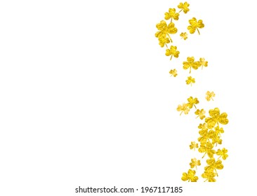 Shamrock background for Saint Patricks Day.  Lucky trefoil confetti. Glitter frame of clover leaves. Template for poster, gift certificate, banner. Merry shamrock background.