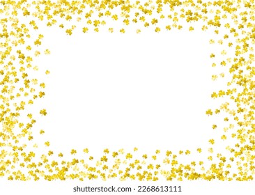 Shamrock background for Saint Patricks Day.  Lucky trefoil confetti. Glitter frame of clover leaves. Template for voucher, special business ad, banner. Dublin shamrock background.