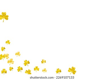 Shamrock background for Saint Patricks Day.  Lucky trefoil confetti. Glitter frame of clover leaves. Template for gift coupons, vouchers, ads, events. Festal shamrock background.