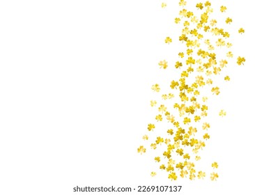 Shamrock background for Saint Patricks Day.  Lucky trefoil confetti. Glitter frame of clover leaves. Template for special business offer, banner, flyer. Decorative shamrock background.