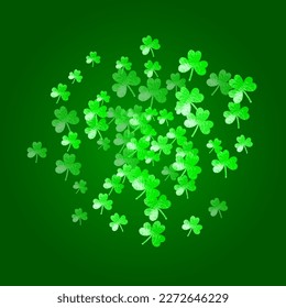 Shamrock background for Saint Patricks Day. Lucky trefoil confetti. Glitter frame of clover leaves.	 Template for poster, gift certificate, banner. Festal shamrock background.