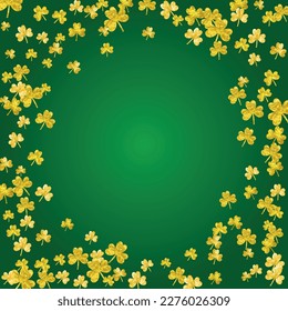 Shamrock background for Saint Patricks Day. Lucky trefoil confetti. Glitter frame of clover leaves.	 Template for voucher, special business ad, banner. Decorative shamrock background.