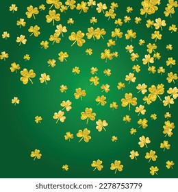 Shamrock background for Saint Patricks Day. Lucky trefoil confetti. Glitter frame of clover leaves.	 Template for flyer, special business offer, promo. Happy shamrock background.