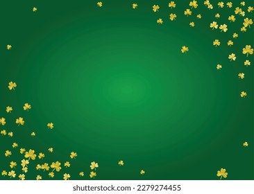 Fondo de Shamrock para el Día de Saint Patricks.  Confeti de trébol afortunado. Marco brillante de hojas de trébol. Plantilla para afiche, certificado de regalo, banner. Fondo de champagne festivo.