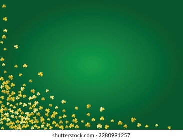 Shamrock background for Saint Patricks Day.  Lucky trefoil confetti. Glitter frame of clover leaves. Template for gift coupons, vouchers, ads, events. Holiday shamrock background.