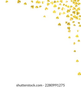 Shamrock background for Saint Patricks Day. Lucky trefoil confetti. Glitter frame of clover leaves.	 Template for voucher, special business ad, banner. Celtic shamrock background.