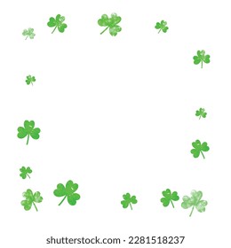 Shamrock background for Saint Patricks Day. Lucky trefoil confetti. Glitter frame of clover leaves.	 Template for special business offer, banner, flyer. Irish shamrock background.