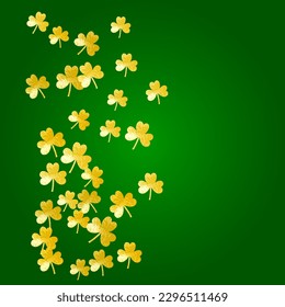 Shamrock background for Saint Patricks Day. Lucky trefoil confetti. Glitter frame of clover leaves.	 Template for special business offer, banner, flyer. Celtic shamrock background.