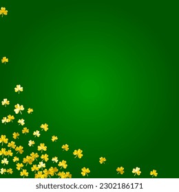 Shamrock background for Saint Patricks Day. Lucky trefoil confetti. Glitter frame of clover leaves.	 Template for gift coupons, vouchers, ads, events. Decorative shamrock background.