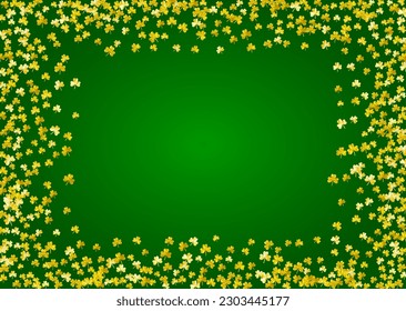 Shamrock background for Saint Patricks Day.  Lucky trefoil confetti. Glitter frame of clover leaves. Template for special business offer, banner, flyer. Festive shamrock background.