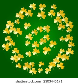 Shamrock background for Saint Patricks Day. Lucky trefoil confetti. Glitter frame of clover leaves.	 Template for special business offer, banner, flyer. Irish shamrock background.
