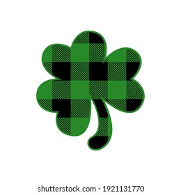 Shamrock buffalo plaid black and green St. Patrick's Day clover isolated on white background. Vector flat illustration. Design for print, card, invitation