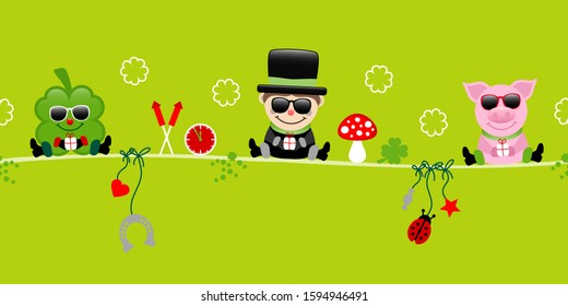 Shamrock Chimney Sweep And Pig With Sunglasses Hanging Icons New Years Eve Green