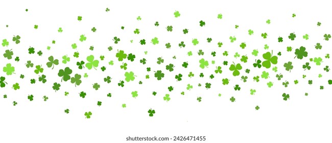 Shamrock clover background. St. Patrick day green leaves border. Celtic spring party design. Floral flying confetti for banner and poster. Vector illustration.