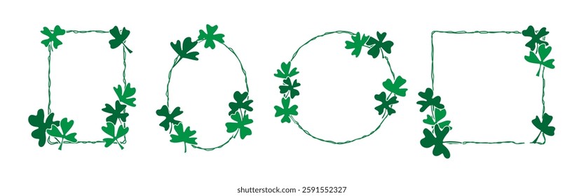 Shamrock clover border for St Patrick day. Irish green vector frame. Lucky four leaf pattern for card. Saint luck sign isolated on white background. Celtic decoration with floral spring illustration.