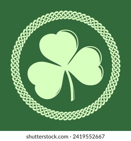 Shamrock clover in Celtic Style Round frame. St. Patrick's Day label, badge or emblem. Vector illustration
