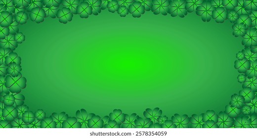 Shamrock clover copy space card. Green Shamrock clover banner. St Patrick day symbols background, leprechaun leaf template. 