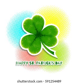 Shamrock clover, cut paper with shadow on the background of colorful spots halfton.Banner or background St. Patrick