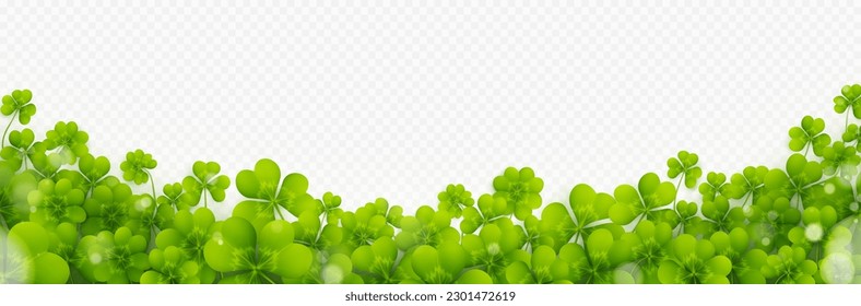 Shamrock Klee vier Blatt St Patrick Tag Glück grüne Vektorgrafik Muster. Realistische Kleeblatt-Pflanze einzeln auf transparentem Hintergrund, Bild für irische Marschensaison-Fest-Banner