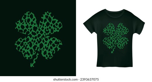 Shamrock clover grunge style animal print t-shirt print. Saint Patrick's day symbol. Hand drawn apparel festive design. Vector illustration.