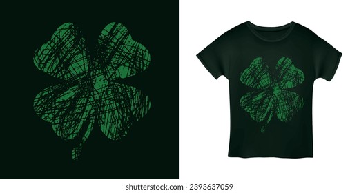 Shamrock clover grunge style t-shirt print. Saint Patrick's day symbol. Hand drawn apparel festive design. Vector illustration.