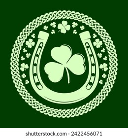 Shamrock clover and Horseshoe in Celtic Style Round frame. St. Patrick's Day label, badge or emblem. Vector illustration