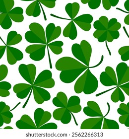 Shamrock or clover leaf flat design green seamless pattern falling leaves on white background vector illustration. Irish holiday celtic St Patrick day motif seamless pattern with shamrock clover leaf.