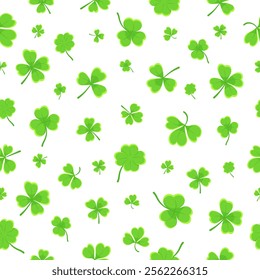 Shamrock or clover leaf flat design green seamless pattern falling leaves on white background vector illustration. Irish holiday celtic St Patrick day motif seamless pattern with shamrock clover leaf.