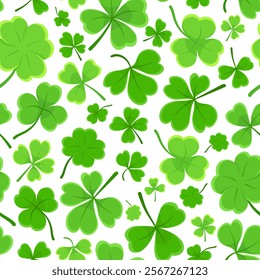 Shamrock or clover leaf flat design green seamless pattern falling leaves on white background vector illustration. Irish holiday celtic St Patrick day motif seamless pattern with shamrock clover leaf.