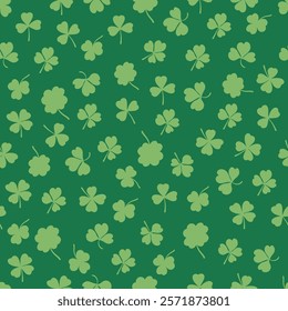 Shamrock or clover leaf flat design green seamless pattern falling leaves on white background vector illustration. Irish holiday celtic St Patrick day motif seamless pattern with shamrock clover leaf.