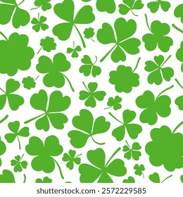 Shamrock or clover leaf flat design green seamless pattern falling leaves on white background vector illustration. Irish holiday celtic St Patrick day motif seamless pattern with shamrock clover leaf.