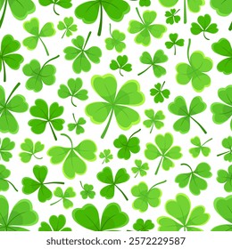 Shamrock or clover leaf flat design green seamless pattern falling leaves on white background vector illustration. Irish holiday celtic St Patrick day motif seamless pattern with shamrock clover leaf.