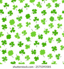 Shamrock or clover leaf flat design green seamless pattern falling leaves on white background vector illustration. Irish holiday celtic St Patrick day motif seamless pattern with shamrock clover leaf.