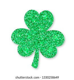 Shamrock  clover leaf made of green glitter isolated on white. Saint Patricks day symbol. Vector template for St. Patrick party invitation, banner, poster, greeting card, flyer, sticker, postcard.