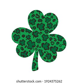 Shamrock  clover leaf made of Leopard or jaguar print. Saint Patricks Day symbol. Vector template for St. Patrick’s Day banner, poster, greeting card, flyer, sticker, postcard.