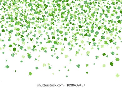 Shamrock or clover leaves flat design green backdrop pattern vector illustration isolated on white background. St Patricks Day shamrock symbols decorative elements.