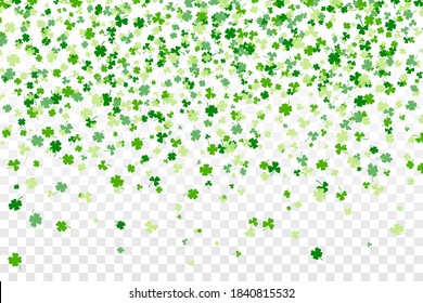 Shamrock or clover leaves flat design green backdrop pattern vector illustration isolated on transparent background. St Patricks Day shamrock symbols decorative elements.