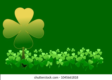 Shamrock clover pattern in gold and green colors. Vector illustration. Concepts of Saint Patricks day, holiday celebration, lucky, happiness. Use as background, backdrop, greeting card, graphic design