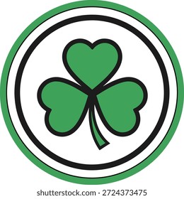 Trébol de trébol colocado dentro de una insignia circular. Emblema plano limpio del Vector conveniente para los diseños irlandeses-temáticos y los gráficos del día de San Patricio, aislados en fondo blanco.
